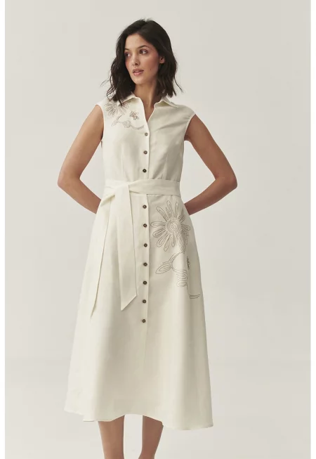Рокля с лен и колан - Мръснобял