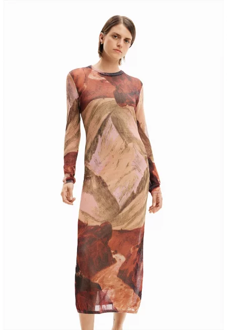 Рокля с мрежесто покритие - Кафяв