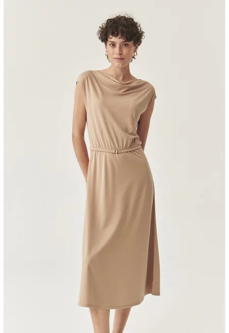 Рокля със драпирано деколте - Светлокафяв