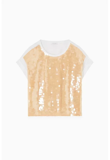 Широка тениска с пайети - Бежов