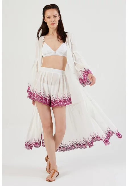 Шпиц рокля с бродерия - Бял/Тъмновиолетов