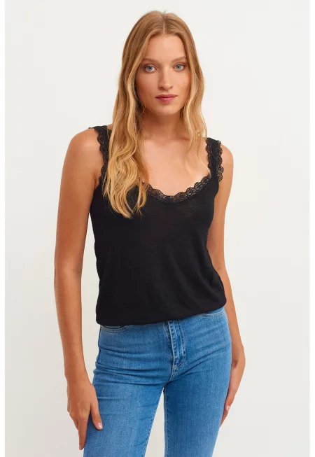 Шпиц танк топ с дантела - Черен -