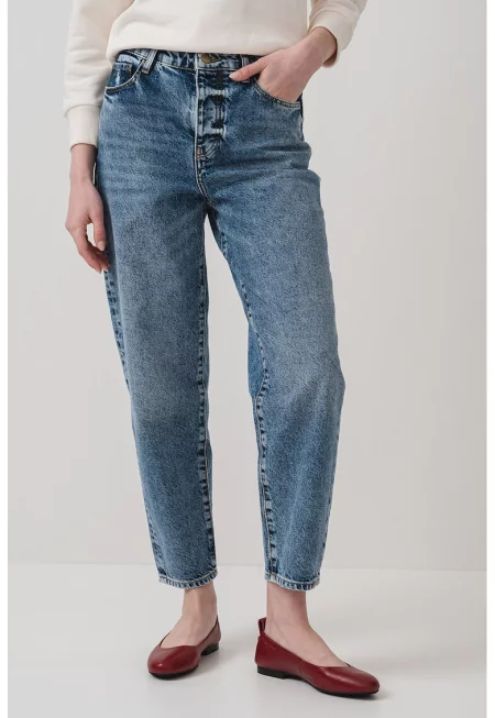 Скъсени дънки със средна талия - Син меланж