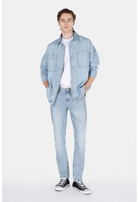 Слим дънки със захабен ефект - Светлосин