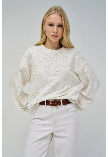 Суитшърт с флорален принт и паднали ръкави - Мръснобял/Прозрачен