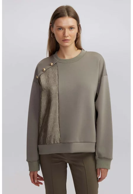 Суитшърт с овално деколте с мъниста - Сиво-кафяв