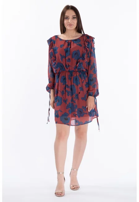 Свободнопадаща рокля с флорален десен - Керемидено червено/Тъмносин