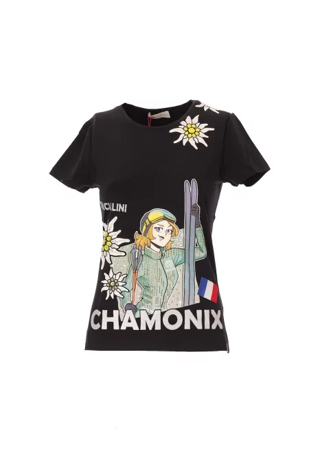 Тениска с овално деколте и шарка - Черен