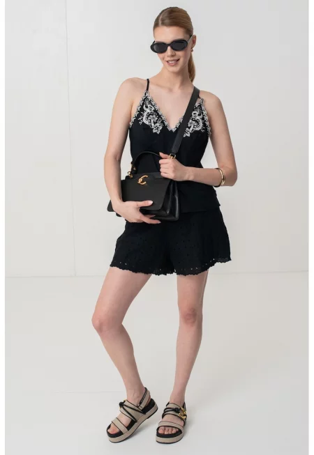 Топ с лен и бродерии - Слонова кост/Черен