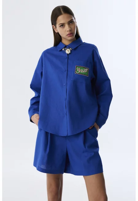 Уголемена риза с лен - Кралско Синьо