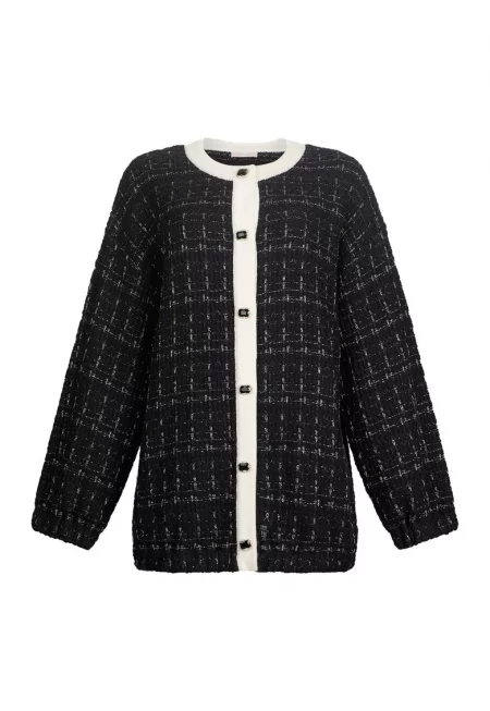 Уголемено плетено яке с бижутерски копчета - Черен