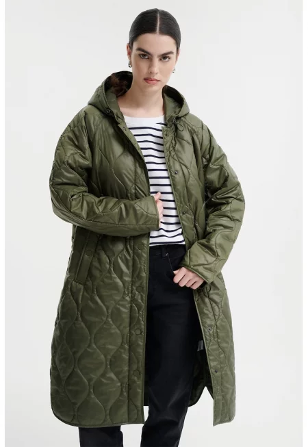 Зимно яке с качулка и реглан ръкави - Маслинено зелено