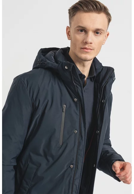 Зимно яке с вата - качулка и джобове - Тъмносин