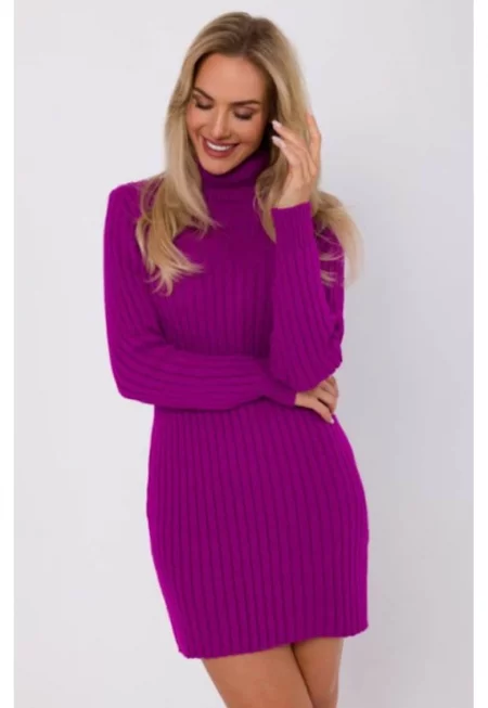 Дълга пуловер рокля с висока яка - лилаво