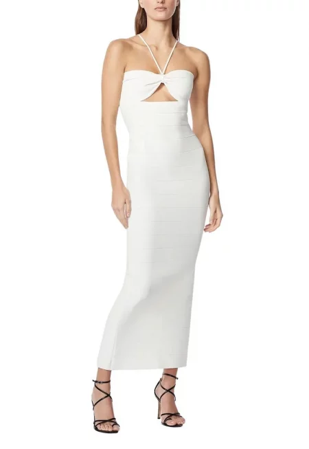 Дълга рокля от емблематична материя с изрязан централен бюст и тънки презрамки - Бял