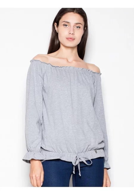 Дамска блуза  сива - памук - дълъг ръкав - ежедневен модел с плисета