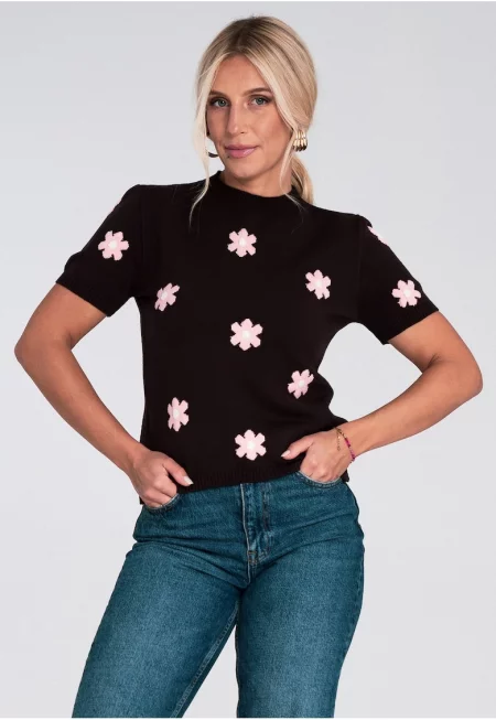 Дамски пуловер -  с къс ръкав - цветя - кафява вискоза