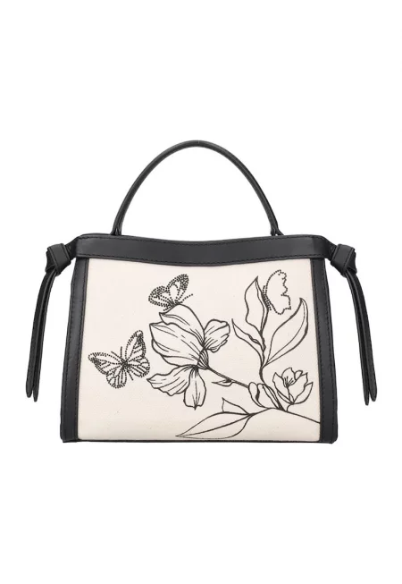 Флорална чанта през рамо - Слонова кост/Черен