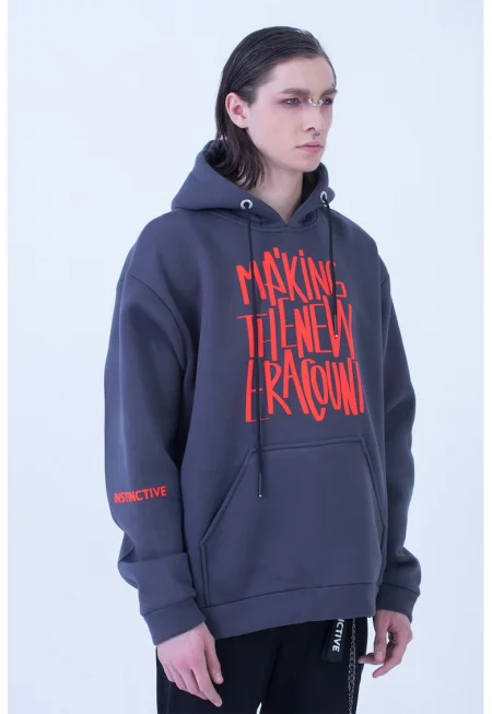 Худи с фигурална щампа - Сив/Мандарина