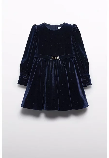 Кадифена рокля с колан - Тъмносин