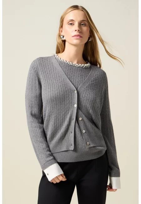 Къс пуловер с копчета - Tъмносив