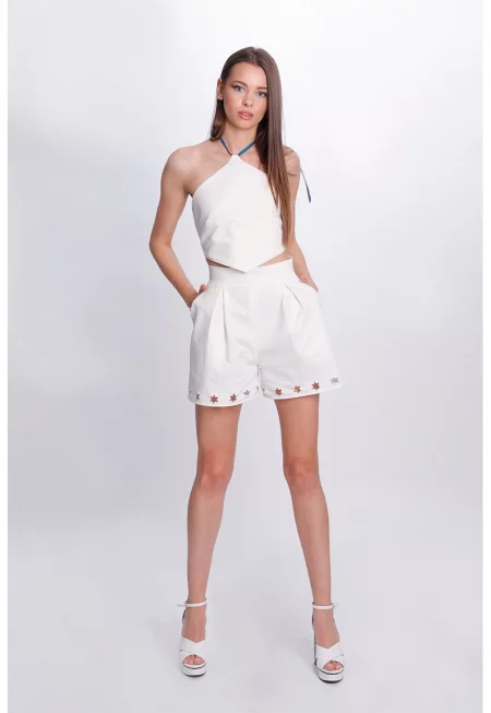 Къс топ със звездовидни перфорации - Бял