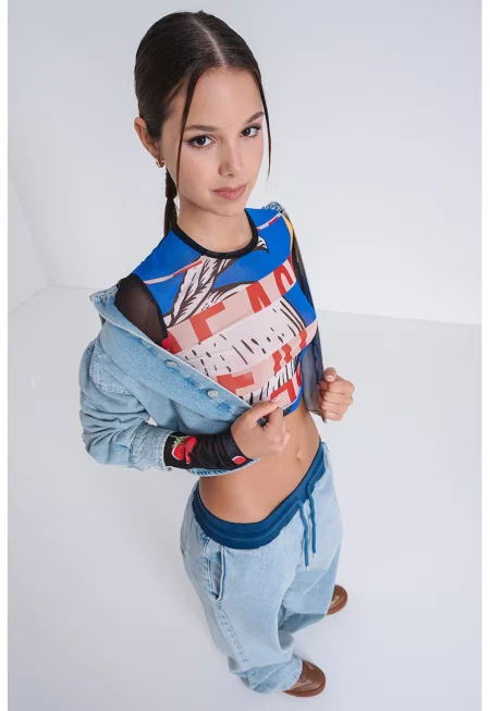 Къса блуза с графика - Бял/Черен/Син