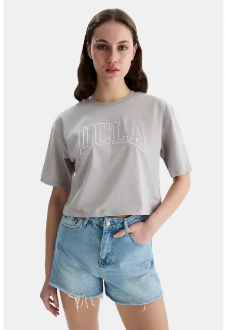 Къса памучна тениска Helena - Светло сив