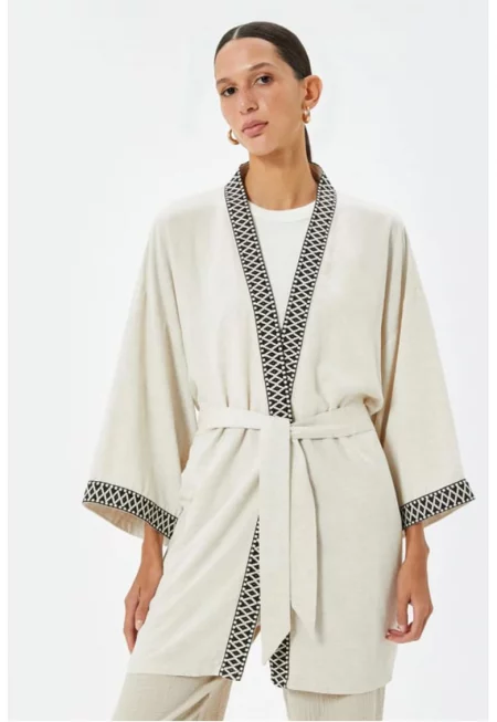 Кимоно с колан - Слонова кост/Тъмно каки