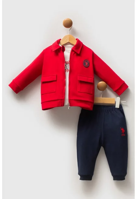 Комплект с памук - 3 части - Червен/Ултрамарин синьо/Мръснобял