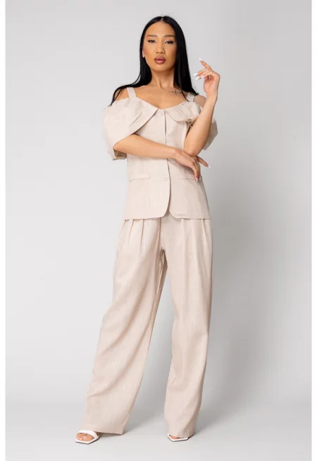 Комплект яке с открити рамене и дълъг панталон Бежов 16633 - Бежов