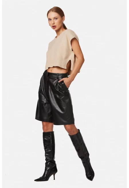 Кожен панталон с висока талия - Черен