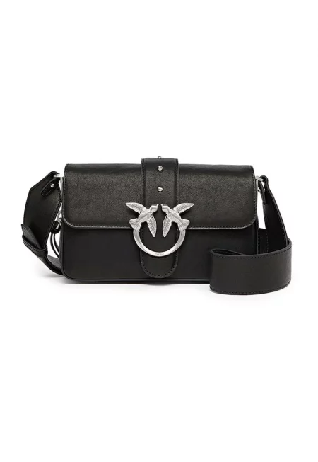 Кожена чанта за рамо с метално лого - Черен