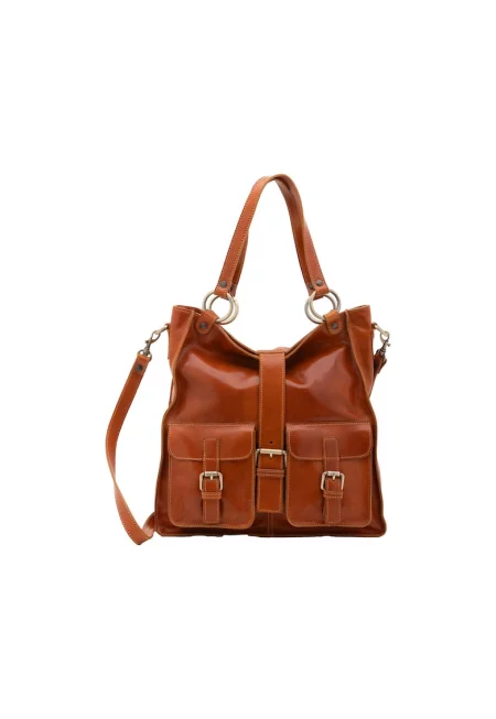 Кожена шопинг чанта с каишки с тока - Коняк кафяв