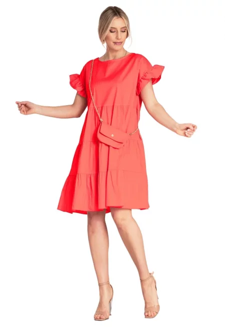 Лятна рокля -  M1182 - волани - червена - памук/еластан - SM