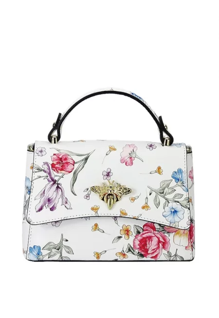 Малка бяла чанта с щампа на цветя от естествена кожа 1523 120 16906