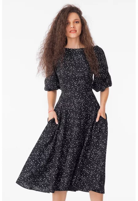 Миди рокля с бухнали ръкави - Бял/Избеляло черно