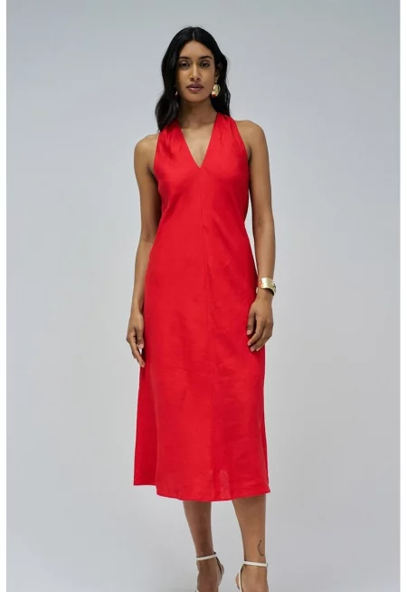Миди рокля с лен - Аленочервен