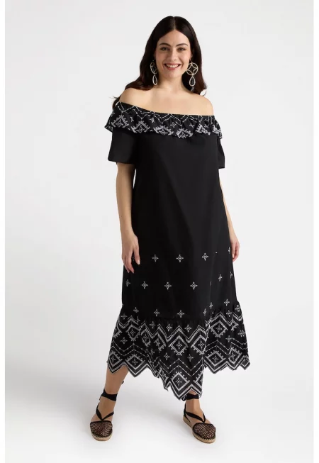 Памучна рокля с голи рамене - Черен/Бял