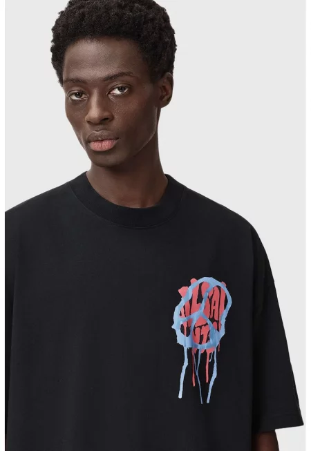 Памучна тениска с паднали ръкави и принт - Черен/Корал/Небесносин