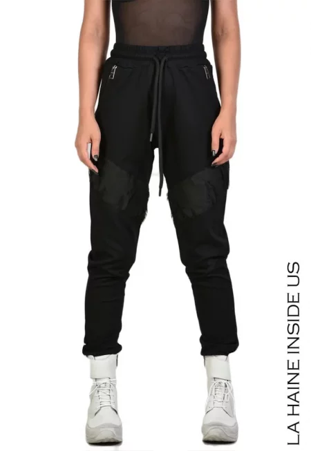 -Панталони тип джогър с шнур на талията и странични ципове - Черен