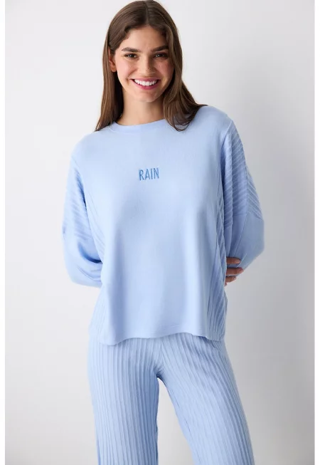 Пижамена блуза с паднали ръкави - Пастелносин