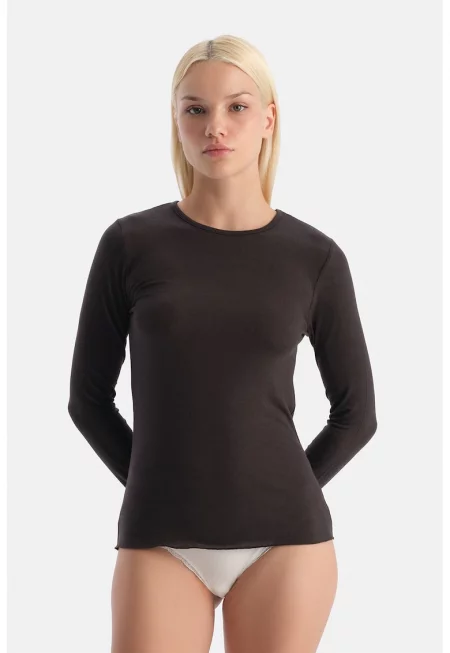 Пижамена слим блуза с кашмир - Избеляло черно -