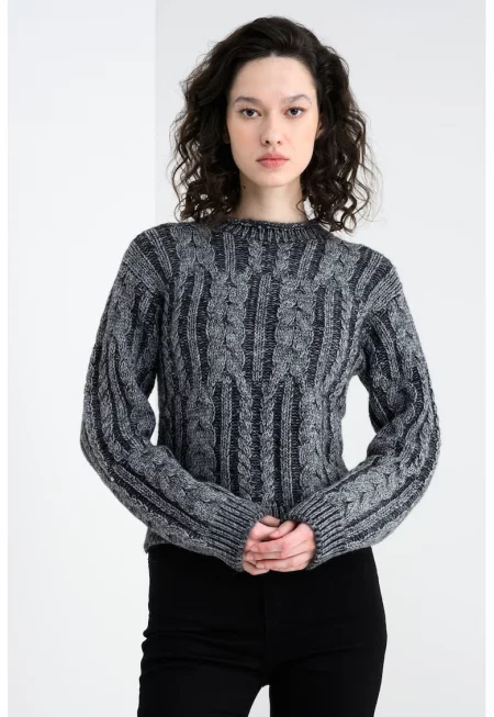 Плетен пуловер с вълна - Меланж тъмно сиво