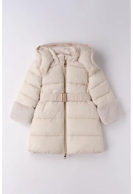 Подплатено зимно яке с колан и еко пух - Слонова кост