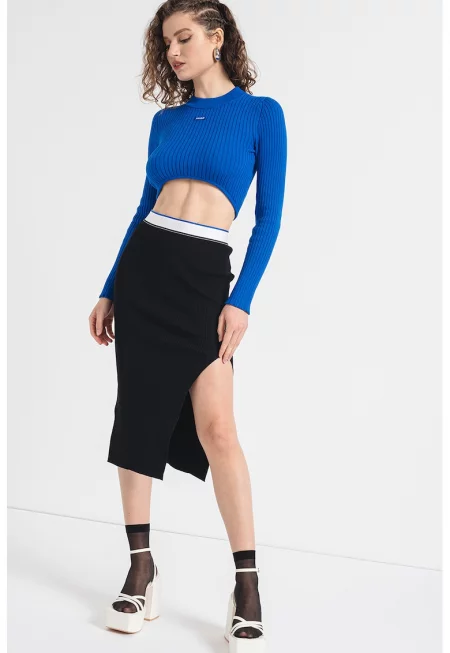 Пола с висока талия и странични цепки - Черен