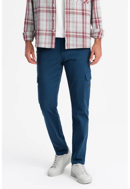 Прав панталон карго с джобове с цип - Петролно синьо