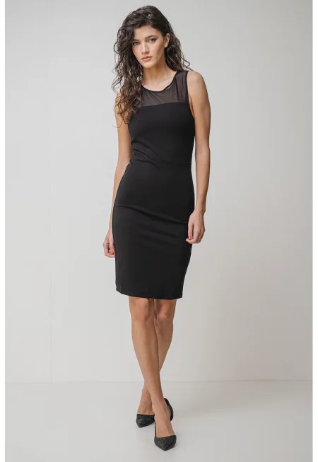 Прилепнала рокля с мрежест панел - Черен