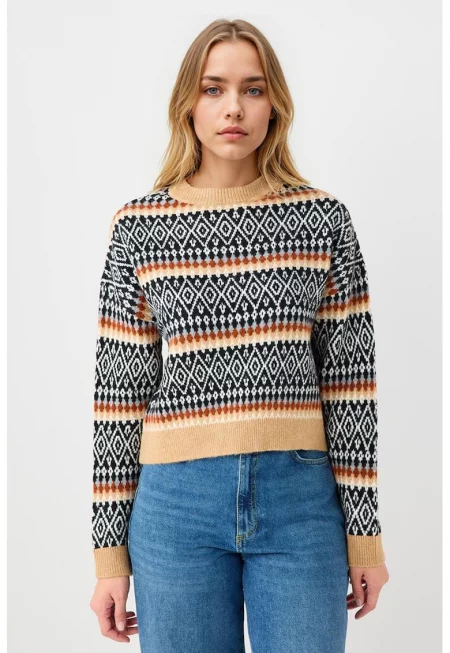 Пуловер с принт - Бял/Черен/Бежов