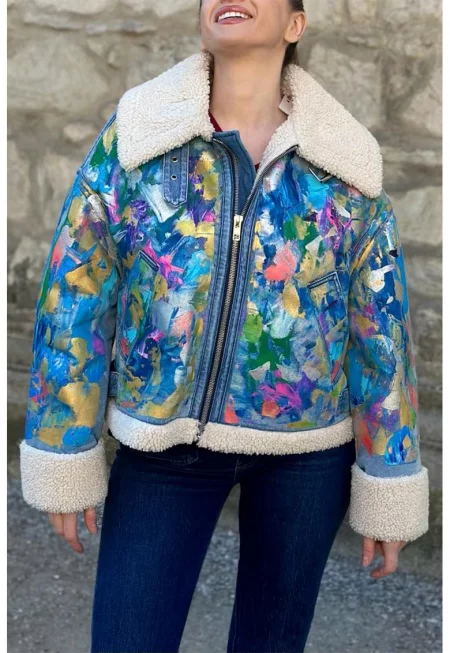 Ръчно оцветено дънково яке с еко кожа - Жълт/Син меланж